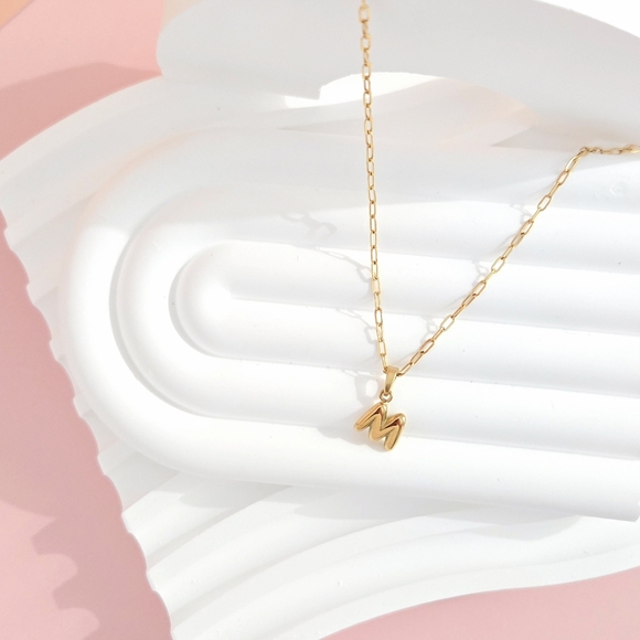 NEW Gold Mini Bubble Letter M Pendant on Dainty Paperclip Chain Necklace - Picture 6 of 7